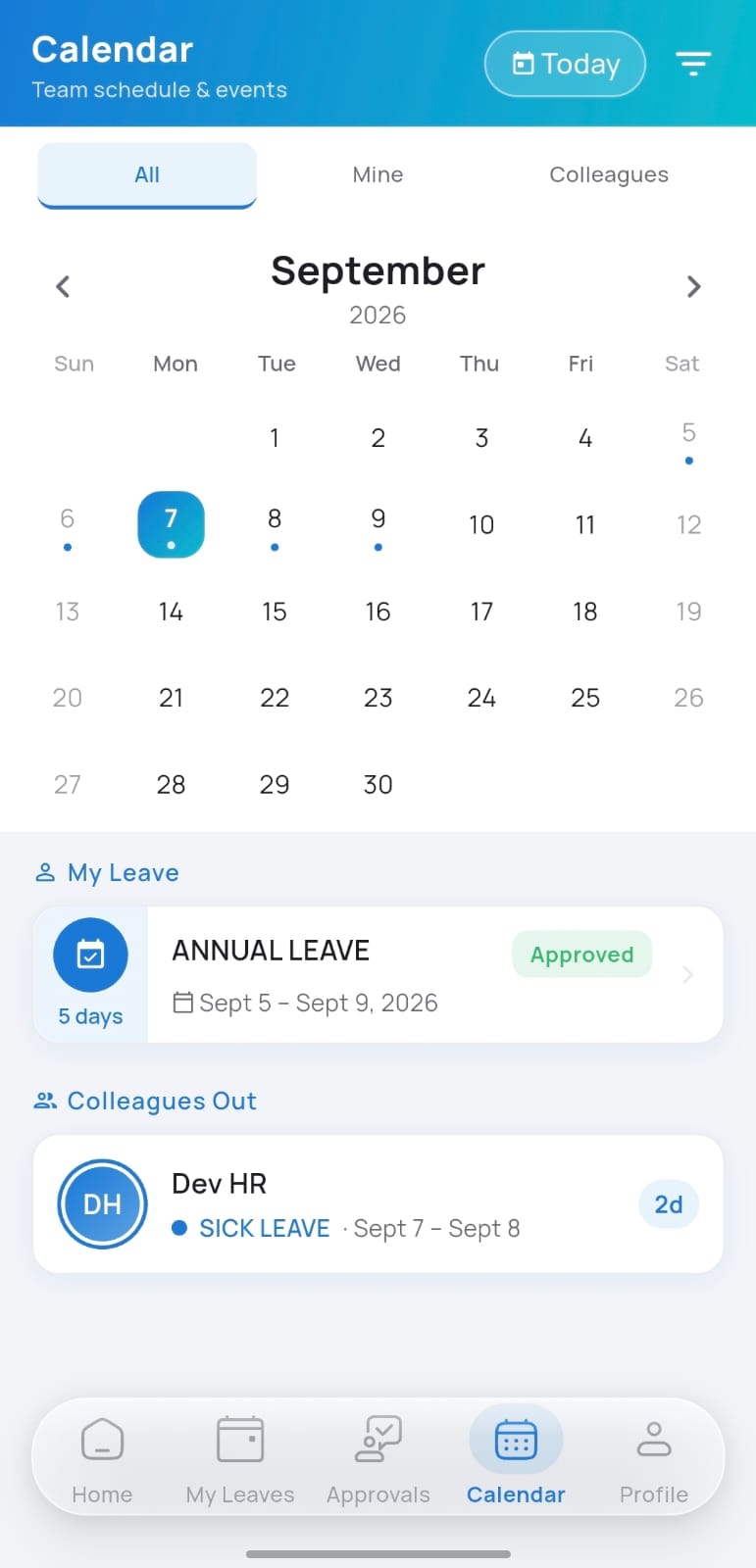 FlexDays mobile app showing the team calendar, personal leave, and colleagues who are out