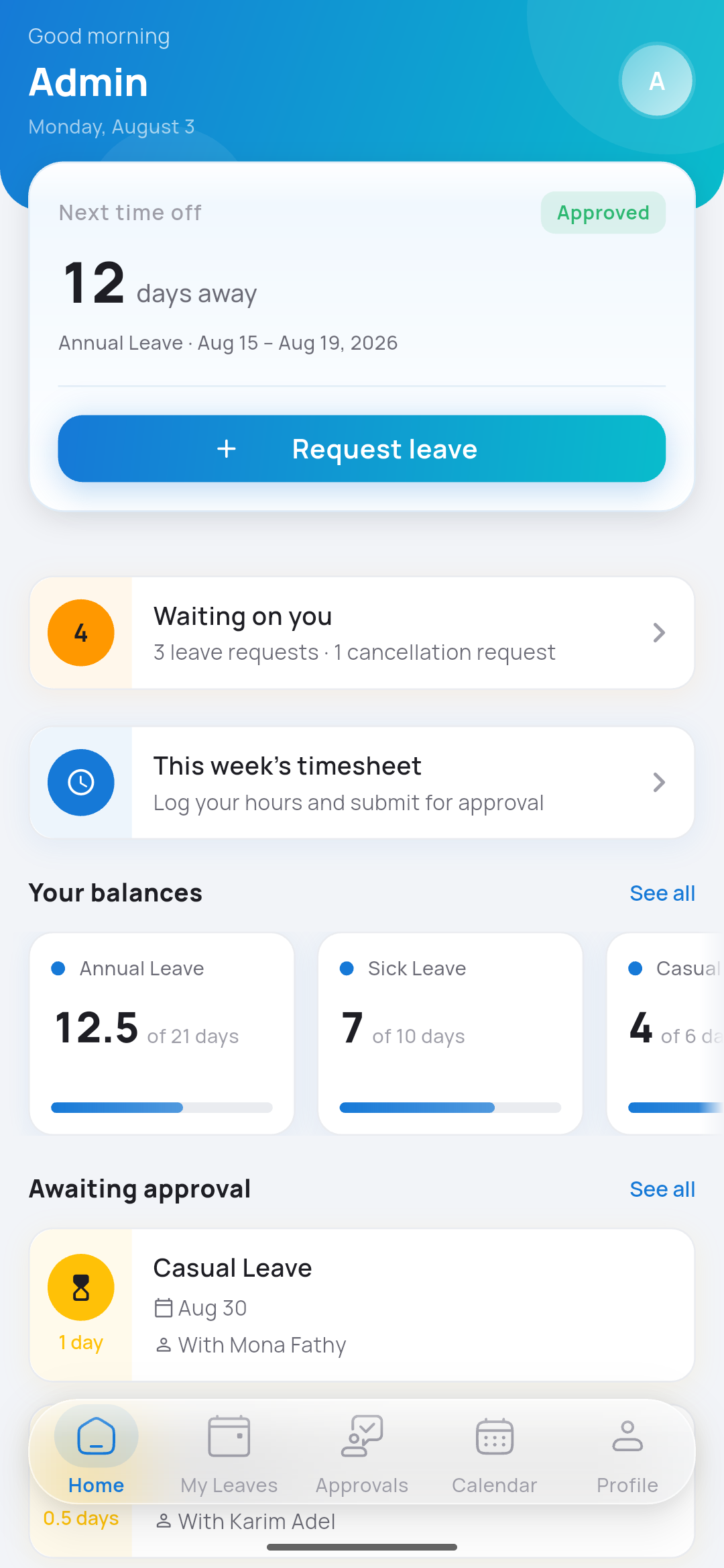 FlexDays mobile home screen with next time off, pending approvals, balances, and this week's timesheet