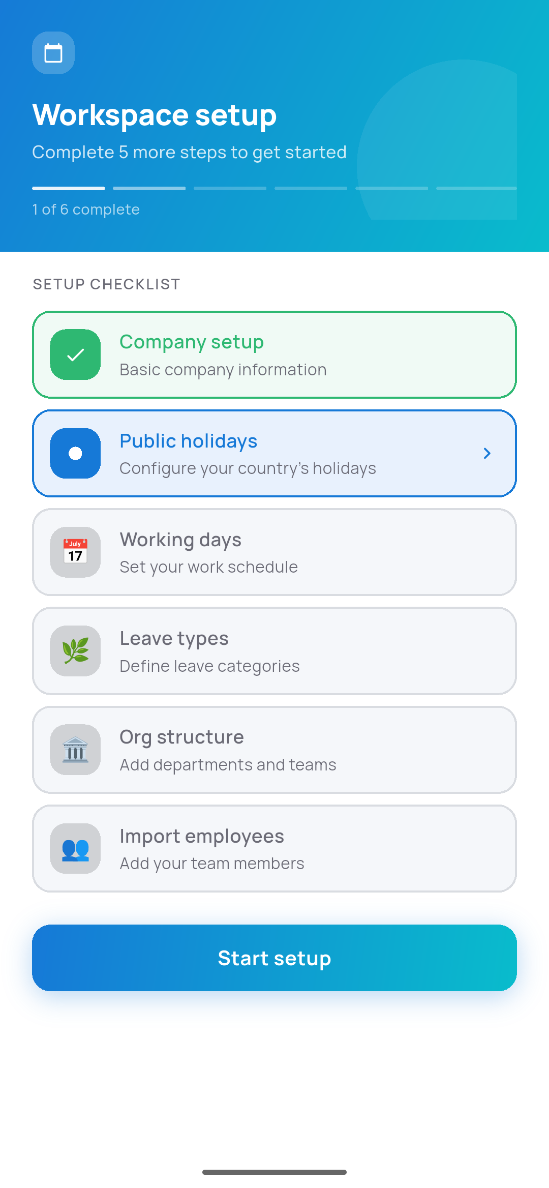 FlexDays workspace setup checklist showing the six onboarding steps and overall progress