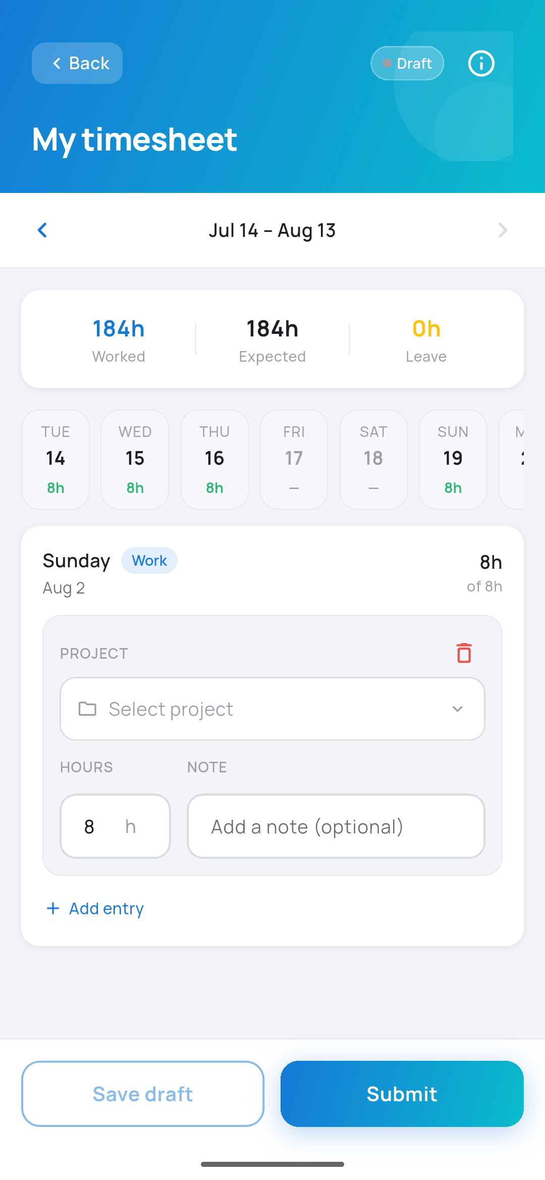 FlexDays mobile timesheet showing worked vs expected hours, day breakdown, and project entries
