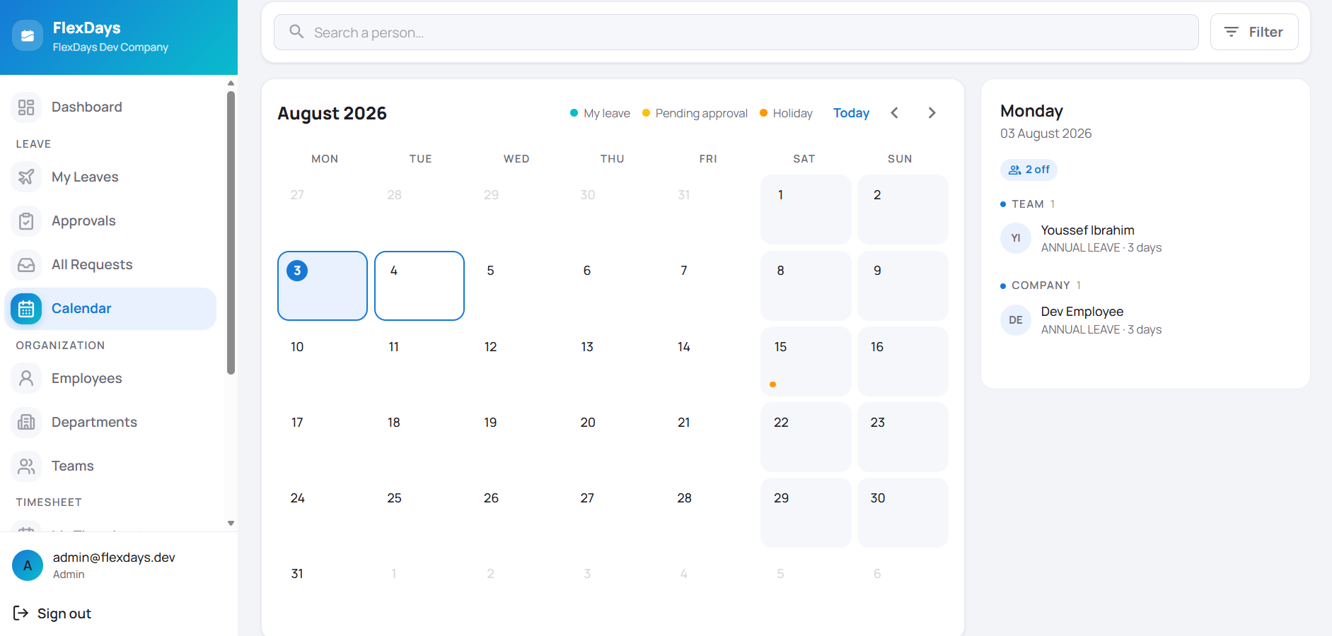 FlexDays web portal calendar showing team leave, pending approvals, and holidays for the month