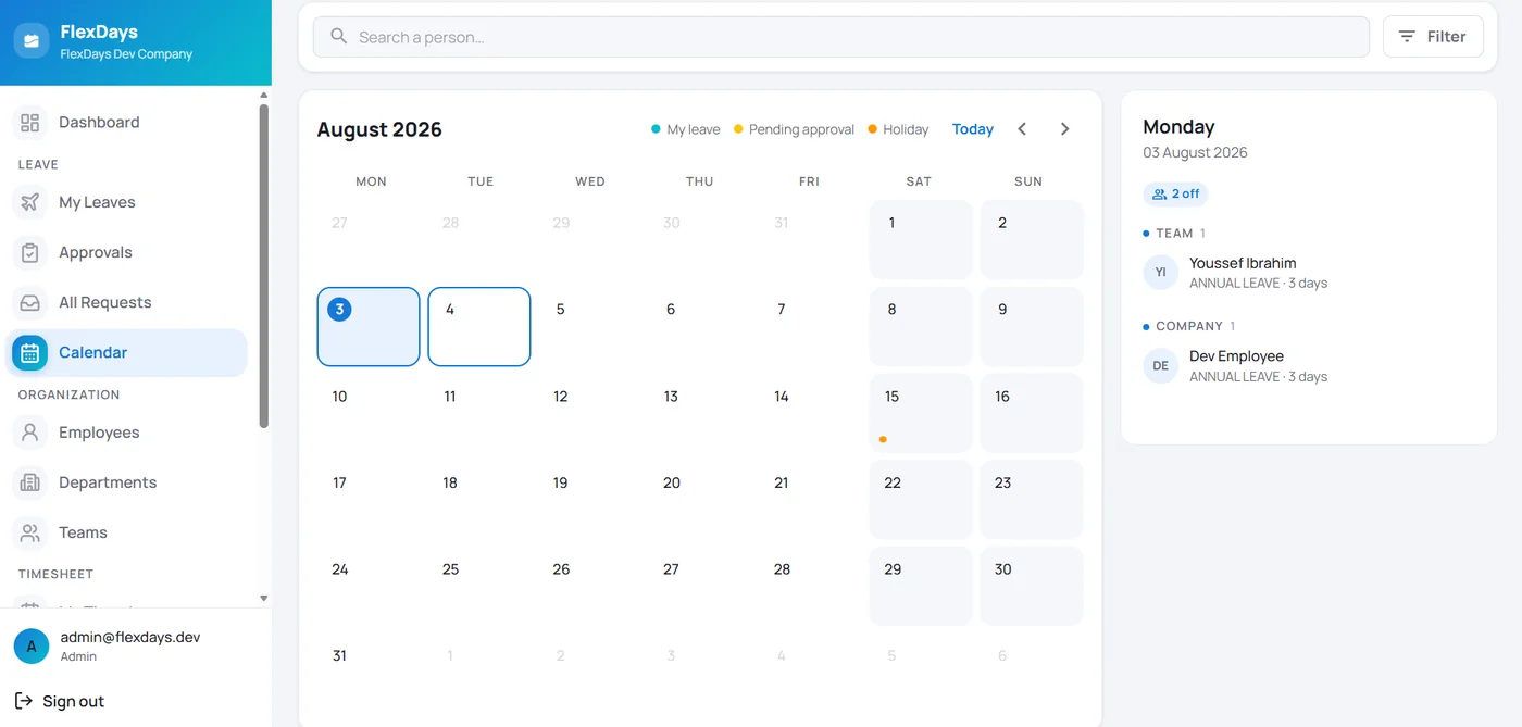 FlexDays web portal calendar showing team leave, pending approvals, and holidays for the month