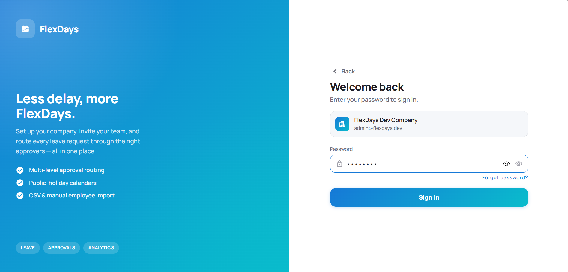 FlexDays web portal sign-in screen with company branding